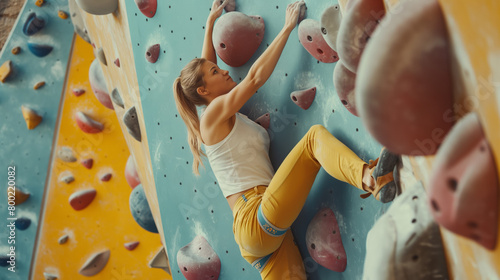 An active climber ascends vibrant holds on a colorful indoor climbing wall, showcasing strength and focus photo