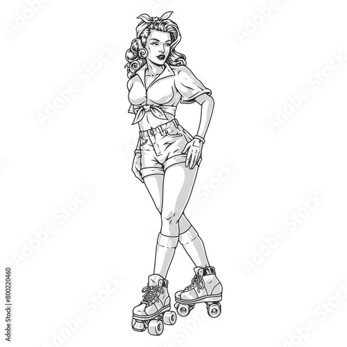 rollerblading girl pin-up sticker monochrome