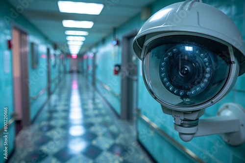 Close-up of security camera in hospital corridor, selective focus