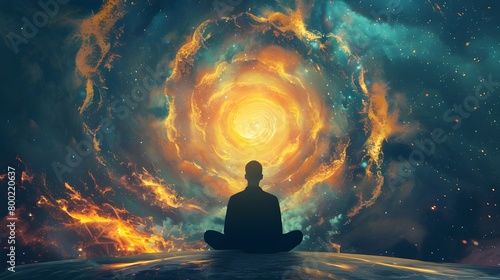 Person meditating surrounded by psychic waves and consciousness photo