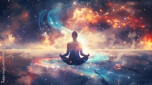 Person meditating surrounded by psychic waves and consciousness