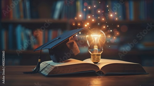 A bright glowing light bulb sits on top of books and graduation hats in an educational institution's library. Internet education course degree, Idea of learning online class