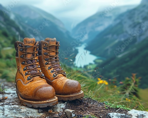 Adventure travel, close-up on rugged boots on a mountain path, the journey ahead