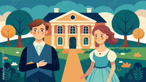 In a colonial home turned museum a young couple imagines what life would have been like for the family who once called it home.. Vector illustration