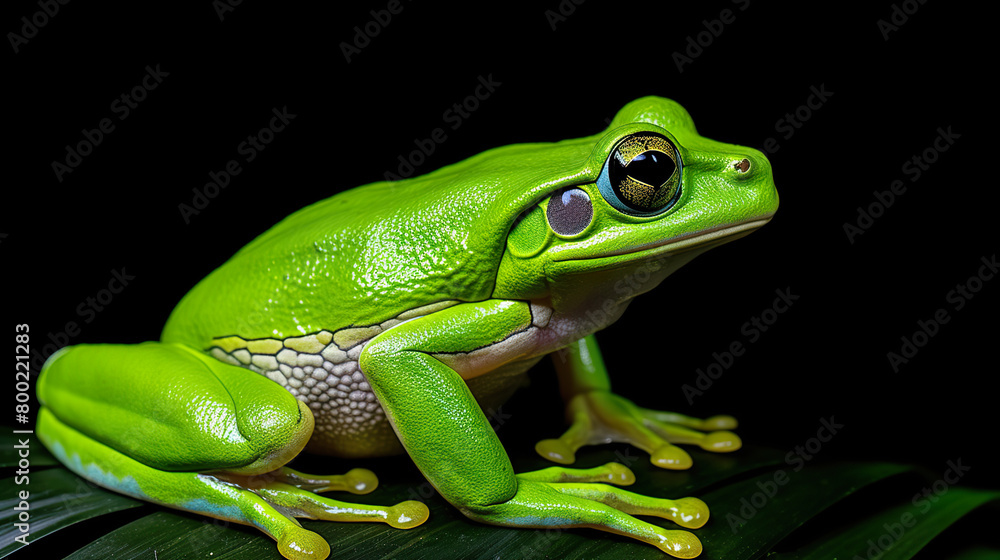 An isolated green frog against a stark black background An isolated green frog against a stark black background