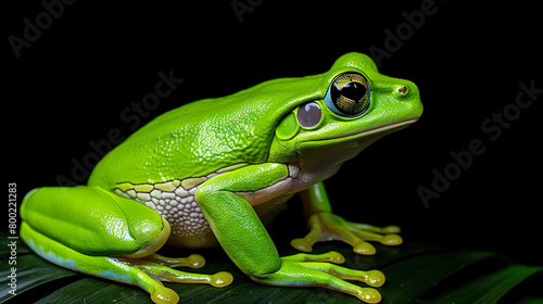 An isolated green frog against a stark black background