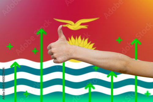 Kiribati flag with green up arrows, upward rising arrow on data, increasing values and improving 