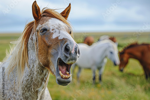 Horse yawning, looking like he's laughing
