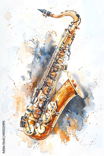 A minimalist watercolor painting of a saxophone  its brass hues gleaming against soft shadowy backdrops  simple yet evocative  isolated on a white background