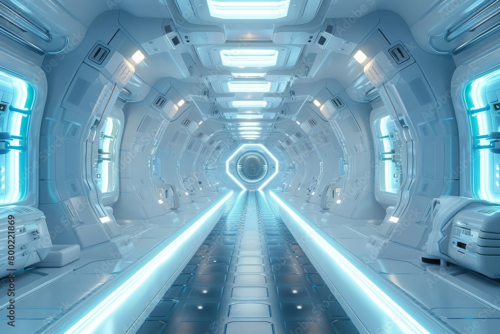 Obraz premium The futuristic spaceship's interior is illuminated by a beautiful mix of blue and white lights, creating a mesmerizing glow.