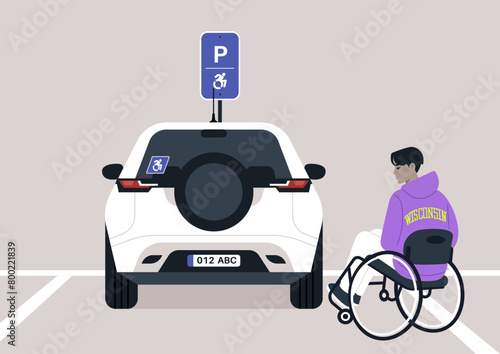 City services, accessible parking lot for people with disabilities, a young wheelchair user nearby