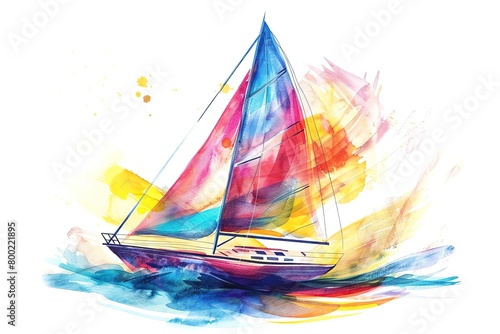 A vibrant watercolor rendering of a sailboat with colorful sails billowing in the wind, dynamic and lively, isolated on a white background photo