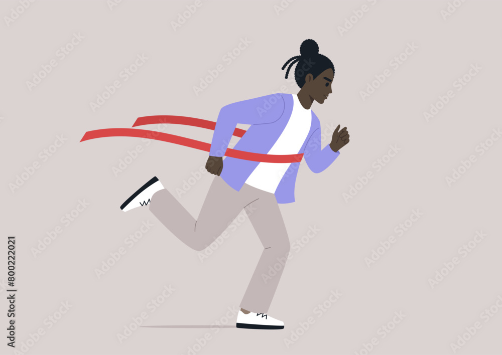 Obraz premium Triumphant Sprint to Victory, A determined runner breaks through the red finish ribbon