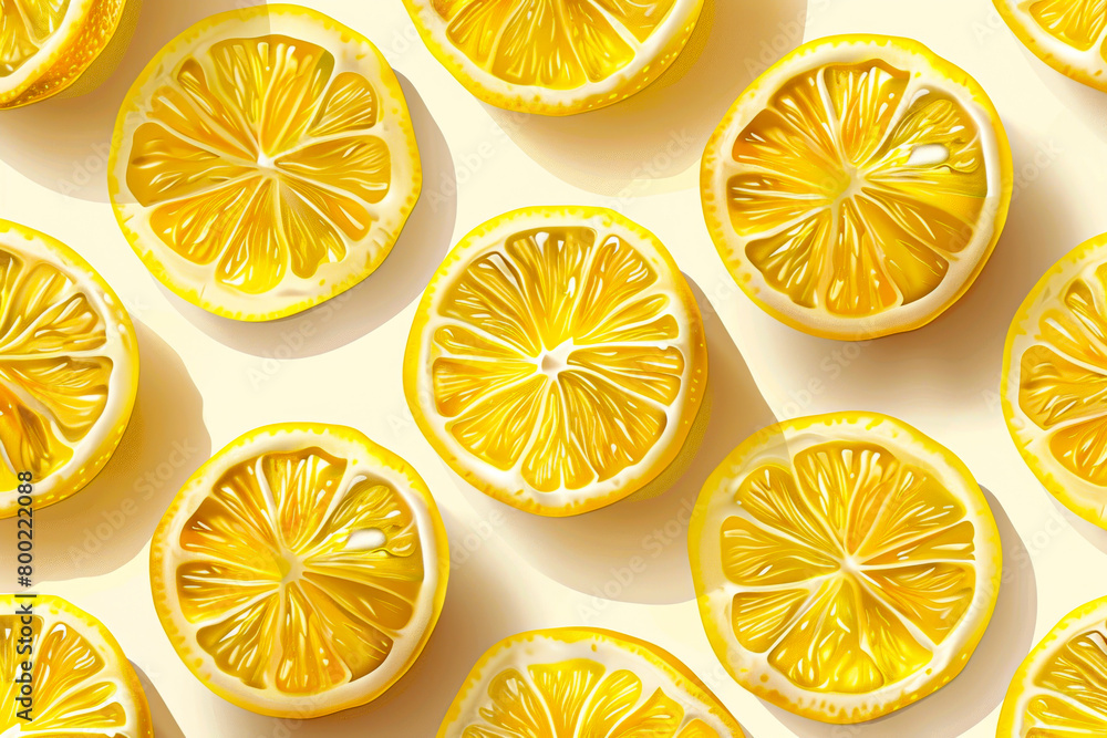 Fresh Lemon Slice Vector Pattern: Vibrant, High-Quality Illustration with Cinematic Lighting on Yellow Background