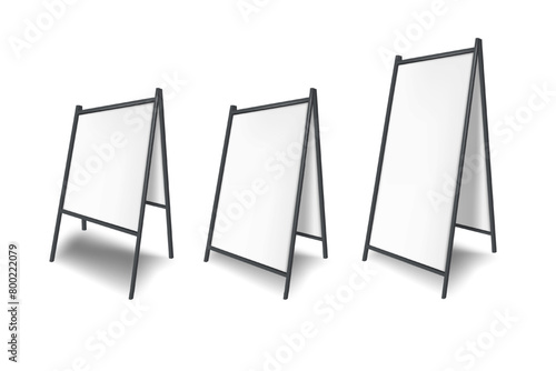 Sandwich white board, floor double sided easel banner. Vector mock-up set. Blank metal A-frame advertising display mockup. Outdoor sidewalk curb sign. Template for design photo