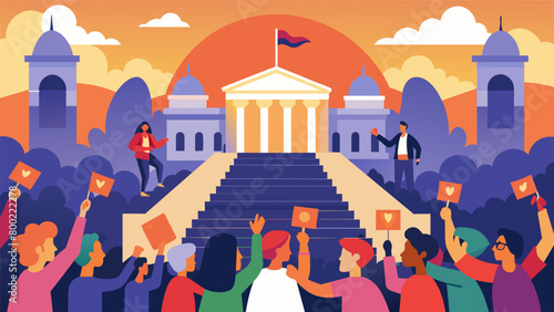 As the sun begins to set over the city a group of passionate advocates gather on the steps of a historic building to share their personal stories and. Vector illustration
