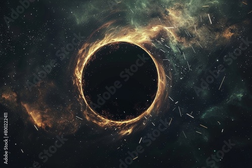 Abstract space background featuring a black hole surrounded by twinkling stars and the shape of the letter O, providing ample space for additional text or design elements.
