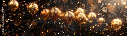 Realistic golden hot air balloon displayed against a black background, surrounded by text and sparkling confetti. photo