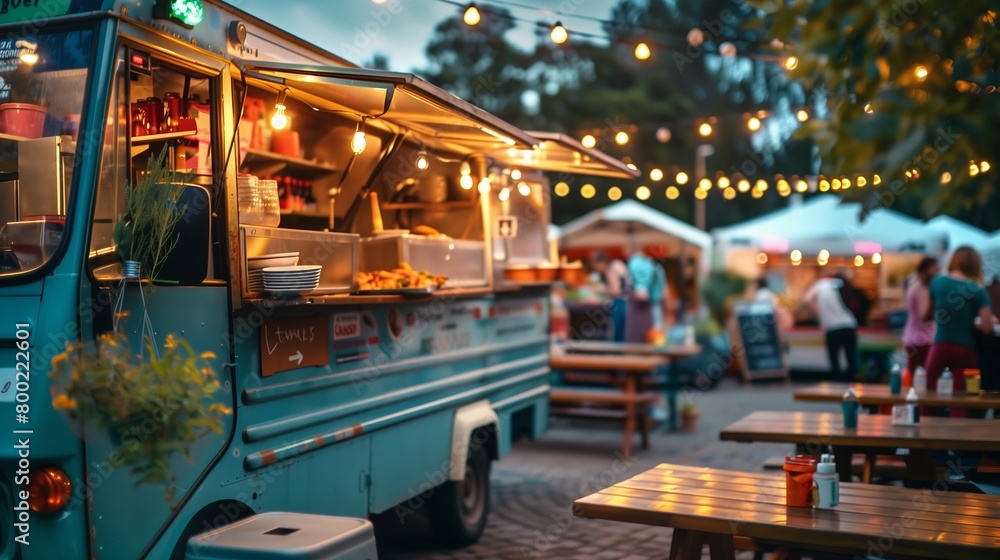 Beautiful glowing food truck at a fair or festival in the evening