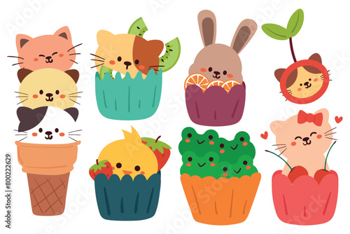 set of hand drawing cartoon animals with dessert sticker set. cute animal drawing for sticker  icon