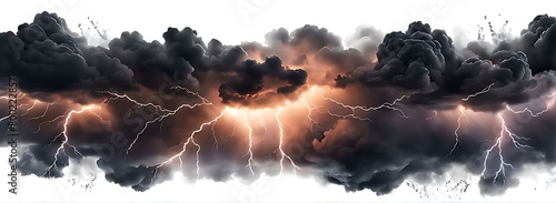  Black storm clouds with lightnings and smoke isolated on white background. 