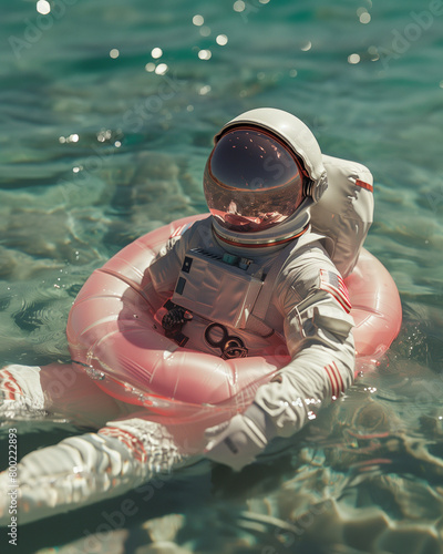 Portrait of an astronaut floating in the water on an inflatable pink ring. Abstract summer concept.
