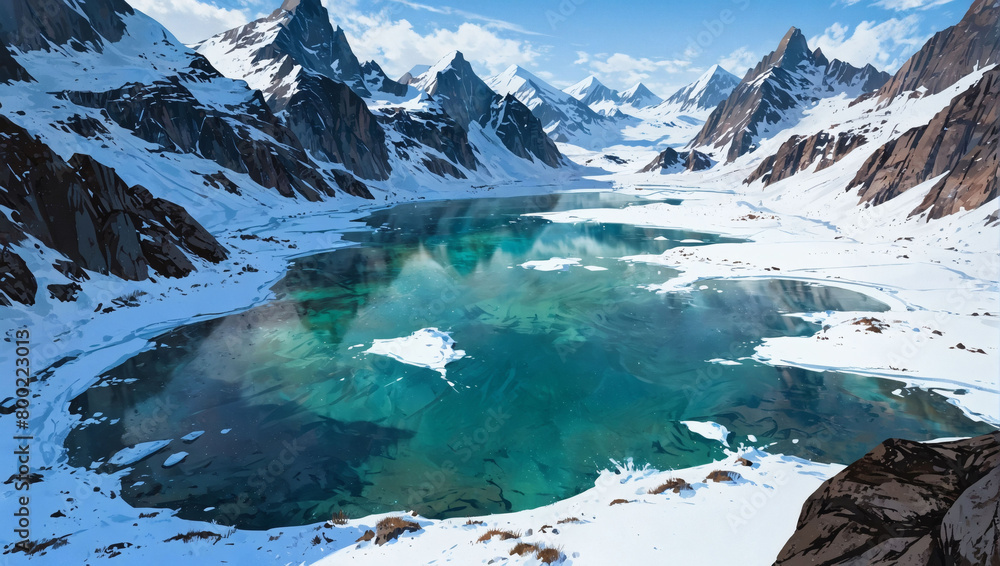 Frozen lakes surrounded by snow-capped mountains.