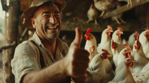 Portrait of smiling farmer in straw hat showing thumbs up while standing near hens on farm