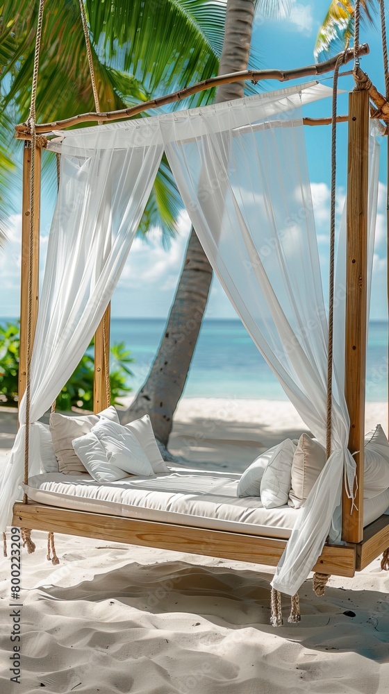 wooden swing with a mattress and pillows under a canopy on the tropical beach wooden swing with a mattress and pillows under a canopy on the tropical beach