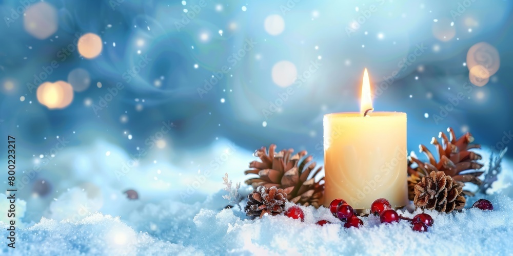 A glowing candle surrounded by pine cones and red berries, nestled in a snowy backdrop with a bokeh blue background.