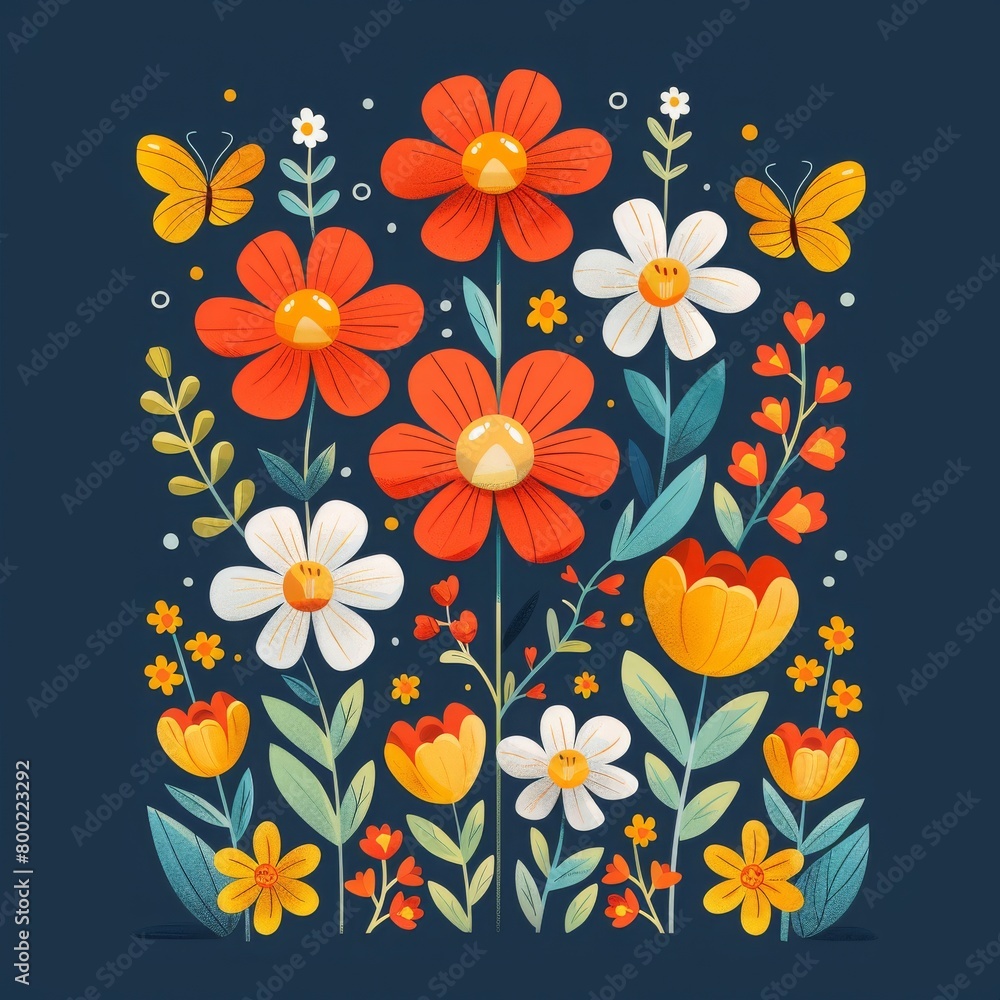 A vibrant vector illustration featuring a variety of stylized flowers and butterflies against a dark background.