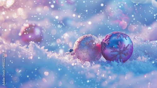 Vivid Christmas baubles resting on fluffy snow, surrounded by a magical sparkle and soft bokeh effect.