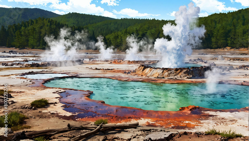 Geyser field with boiling hot springs.