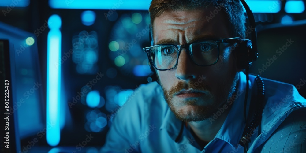 Serious man with headphones working late in a blue-toned high-tech control room. Serious man with headphones working late in a blue-toned high-tech control room.