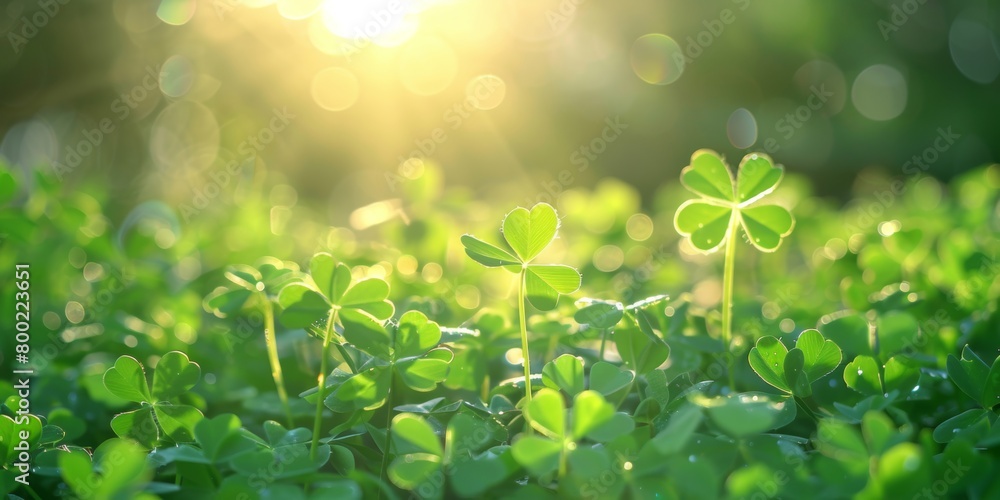 Green clover field bathed in sunlight with a beautiful bokeh effect in the background.