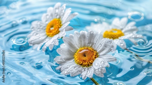 Bright white daisies with yellow centers floating on blue water with ripples and water drops.