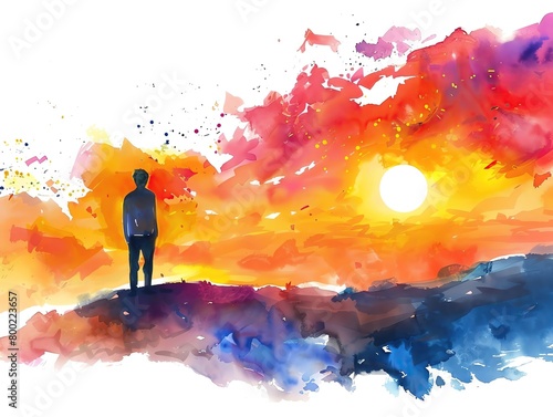 An artistic watercolor depiction of the quote Be the change you wish to see in the world with a vibrant sunset background, inspiring and bold, isolated on a white background