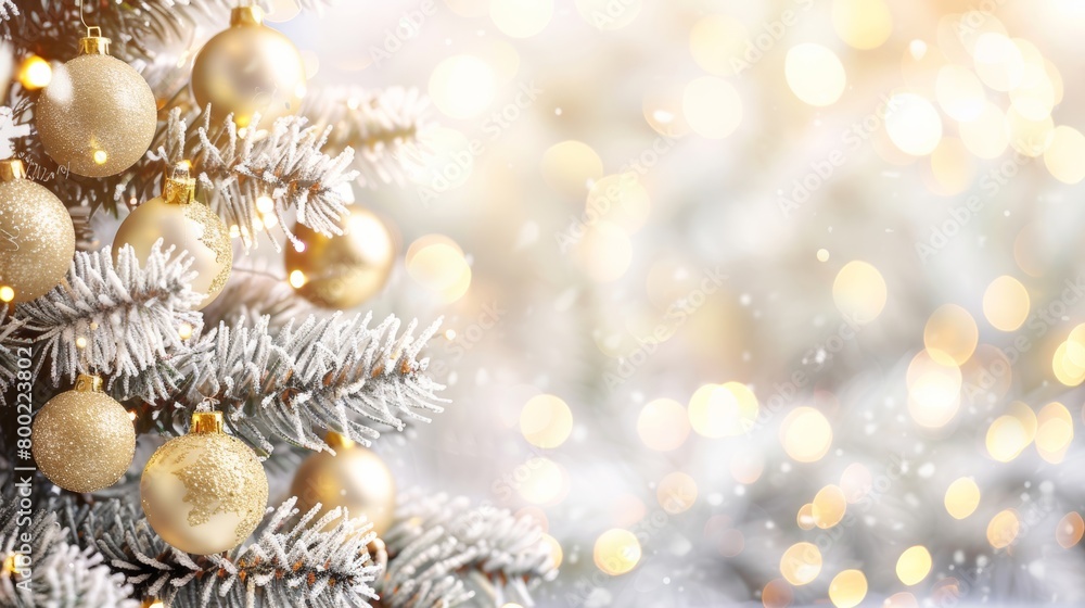 Christmas tree branches adorned with gold ornaments and twinkling lights, festive holiday background.