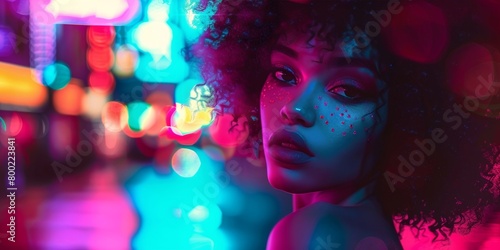 Portrait of a young woman adorned with glitter, illuminated by multicolored neon lights in a nightlife setting.