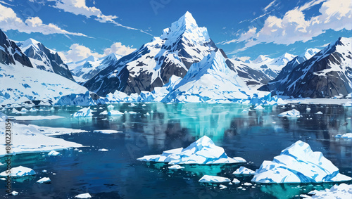 Iceberg-filled bay with icy waters and snowy peaks.