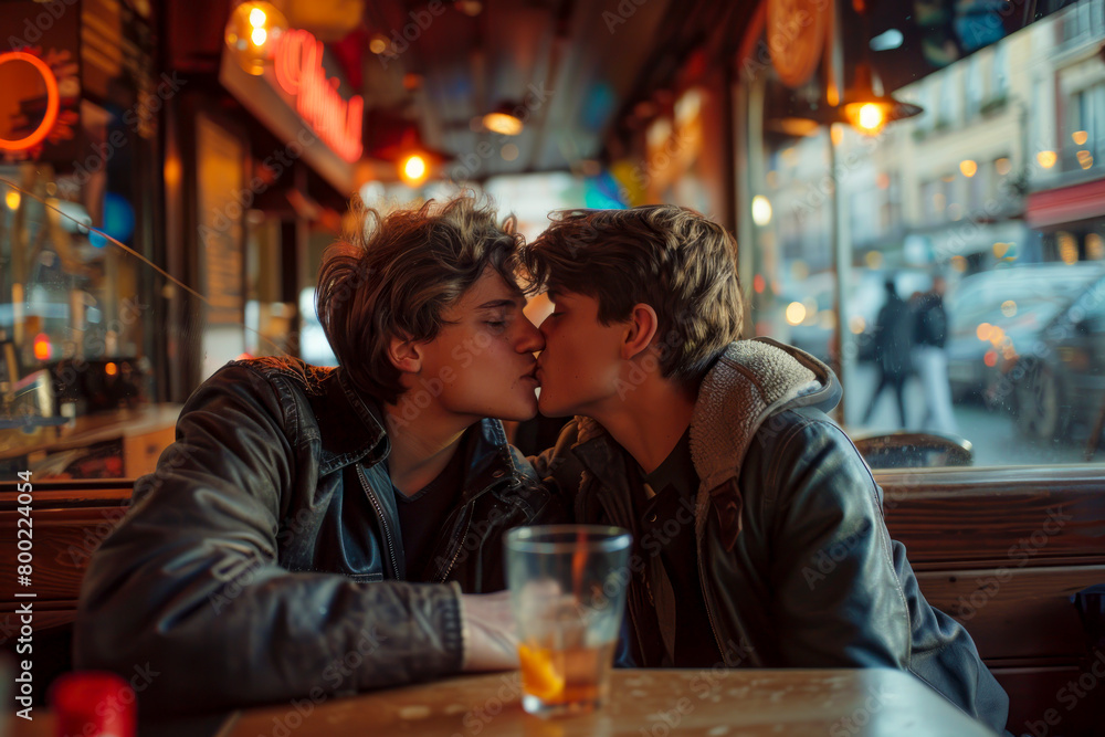 Passionate gay couple sharing a kiss in a cozy cafe setting
