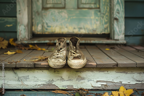 A pair of worn-out shoes on a porch, symbolizing the end of a long journey and the stories carried in simple, everyday objects