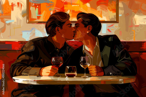 Passionate gay couple sharing a kiss in a cozy cafe - LGBTQ love in a romantic setting