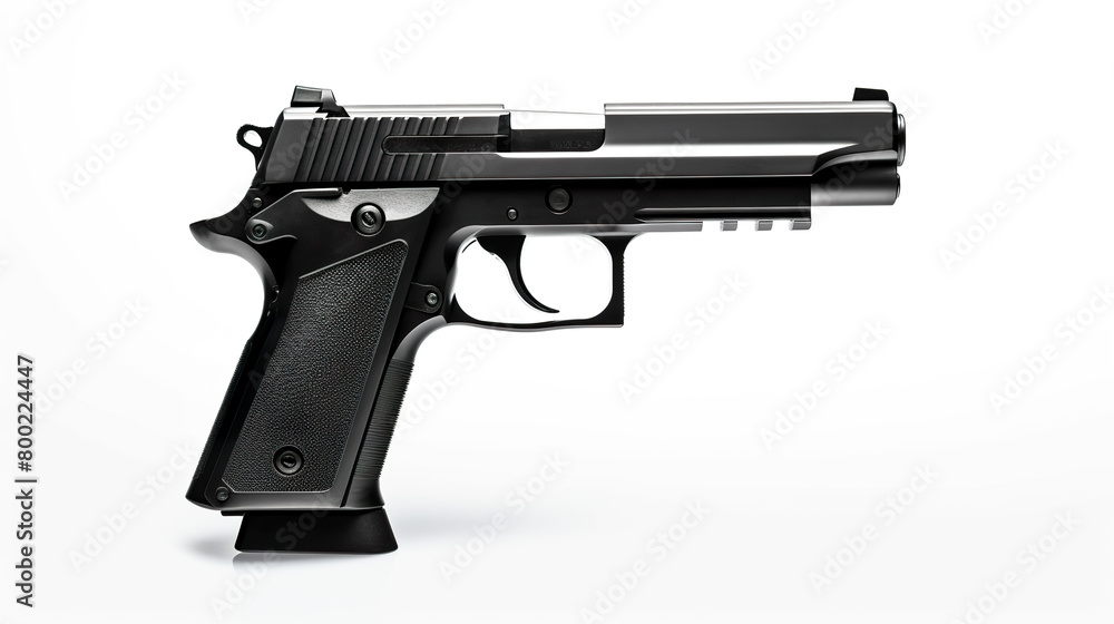 Black handgun isolated against a stark white background