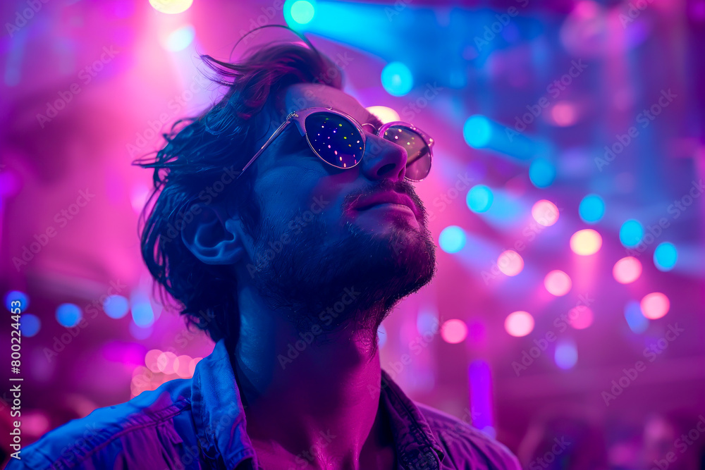 Vibrant Nightclub Portrait: Smiling Man in Pink and Purple Spotlight, Rocking Sunglasses amid Laser Lights Vibrant Nightclub Portrait: Smiling Man in Pink and Purple Spotlight, Rocking Sunglasses amid Laser Lights