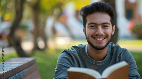 Jovem homem universitário feliz lendo um livro no Campus da universidade