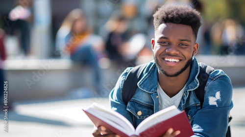 Jovem homem universitário feliz lendo um livro no Campus da universidade