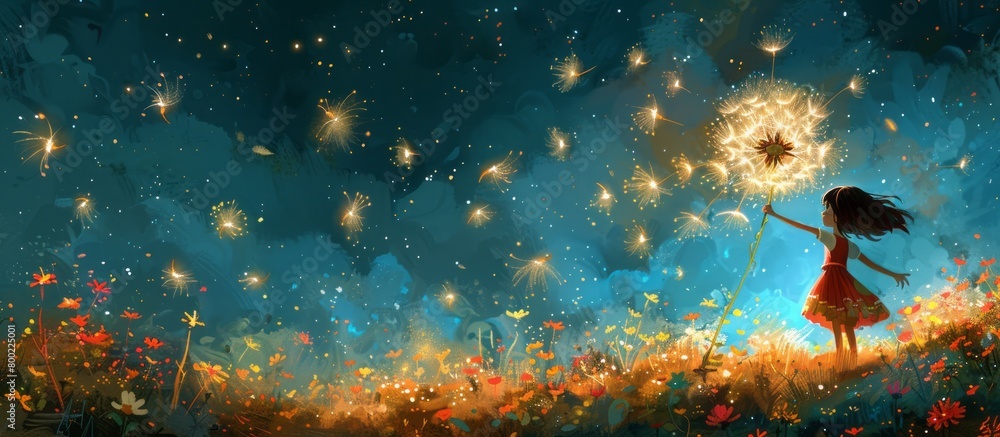 Naklejka premium Girl with Dark Hair, Colorful Dress, Dandelion, and Fireworks Illustration