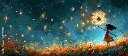 Girl with Dark Hair, Colorful Dress, Dandelion, and Fireworks Illustration