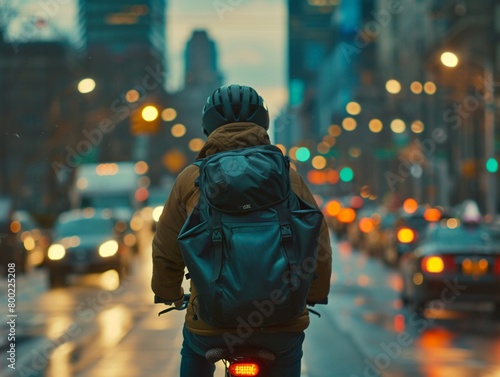 A courier on a bike speeds through city traffic, the bustling bike road street a blur 8K , high-resolution, ultra HD,up32K HD